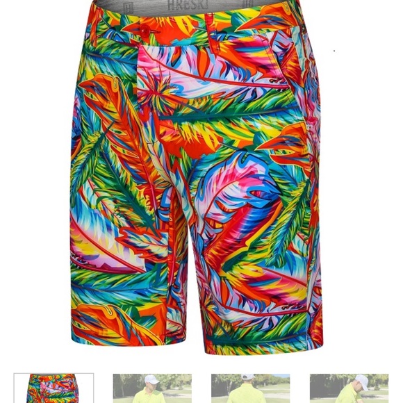 HRESKI Radiant Tropical Neon Feathers Performance Golf Shorts Size 36 - Picture 3 of 5